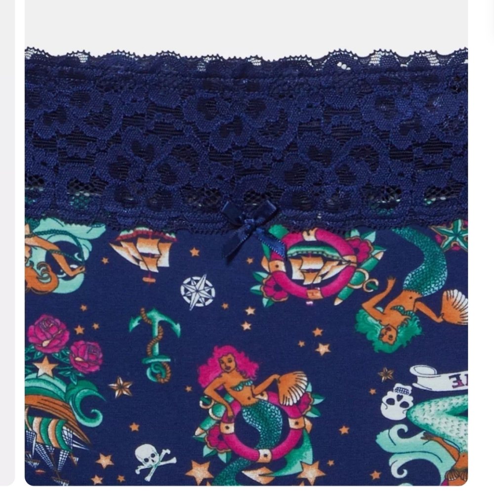 Navy Blue Lace Mermaid Print Cotton Mid-Rise Boyshort Panty - Picture 1 of 4